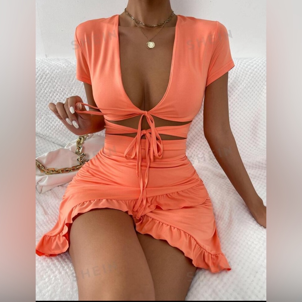 SHEIN Tied Cutout Front Ruffle Dress